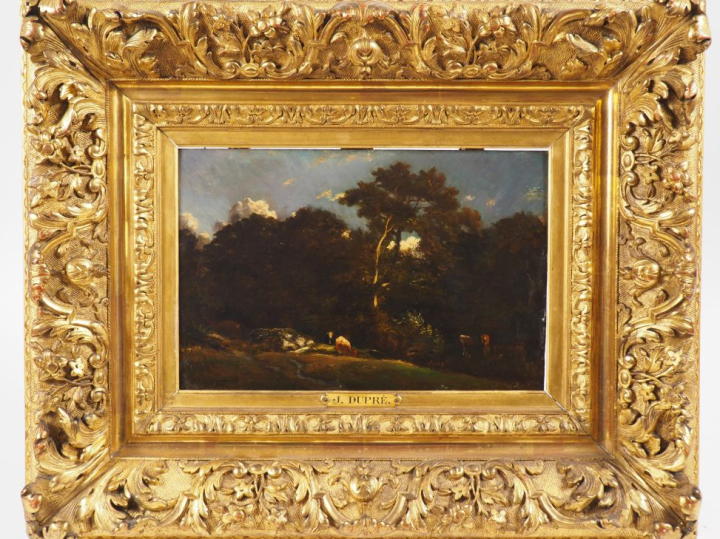 Jules DUPRE.  "Paysage"  Huile sur panneau d'acajou, signée en bas à g