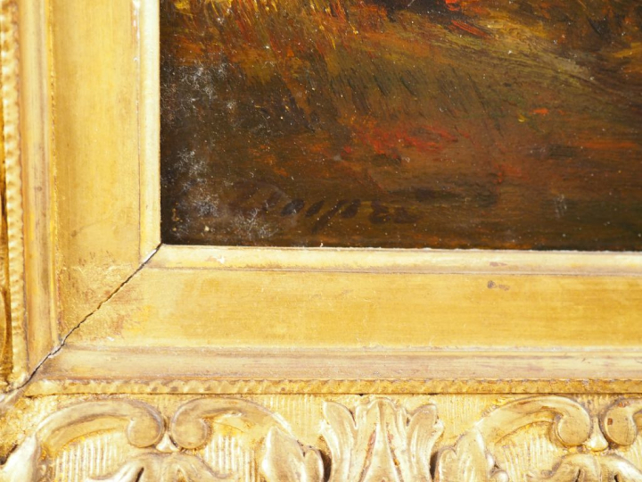 Jules DUPRE.  "Paysage"  Huile sur panneau d'acajou, signée en bas à g