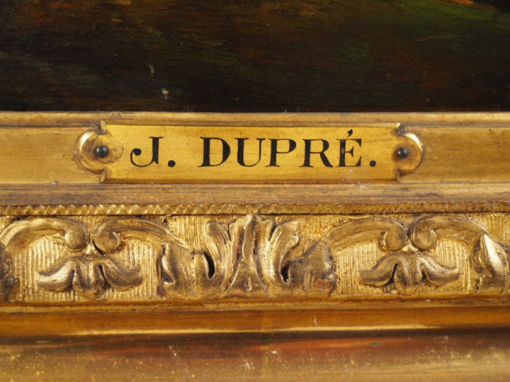 Jules DUPRE.  "Paysage"  Huile sur panneau d'acajou, signée en bas à g