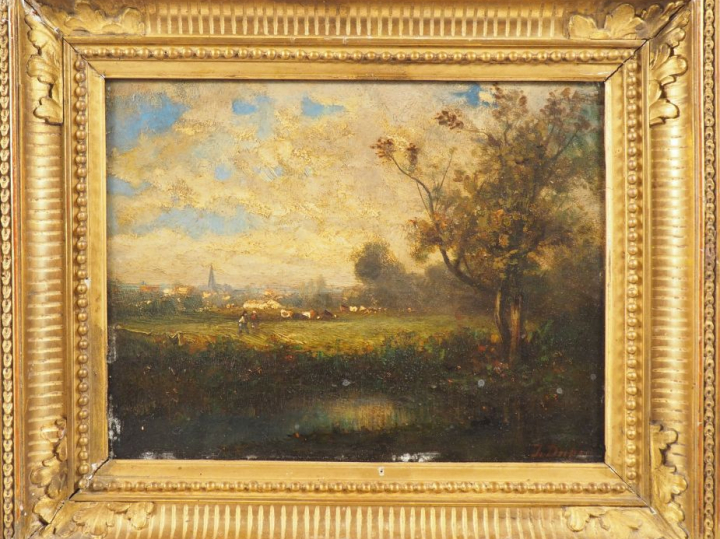 Jules DUPRE. "Paysan près du village". Huile sur panneau, signée en ba
