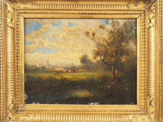 Vente aux enchères Jules DUPRE. "Paysan près du village". Huile sur panneau, signée en ba