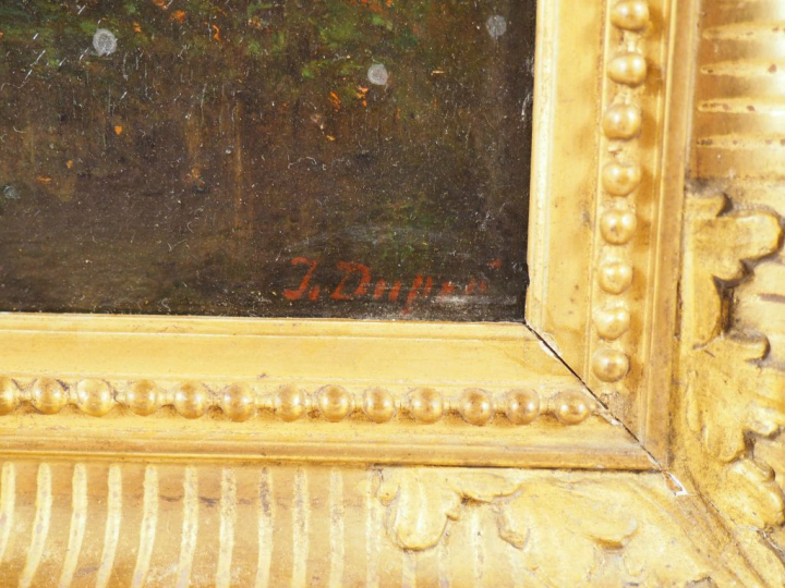 Jules DUPRE. "Paysan près du village". Huile sur panneau, signée en ba