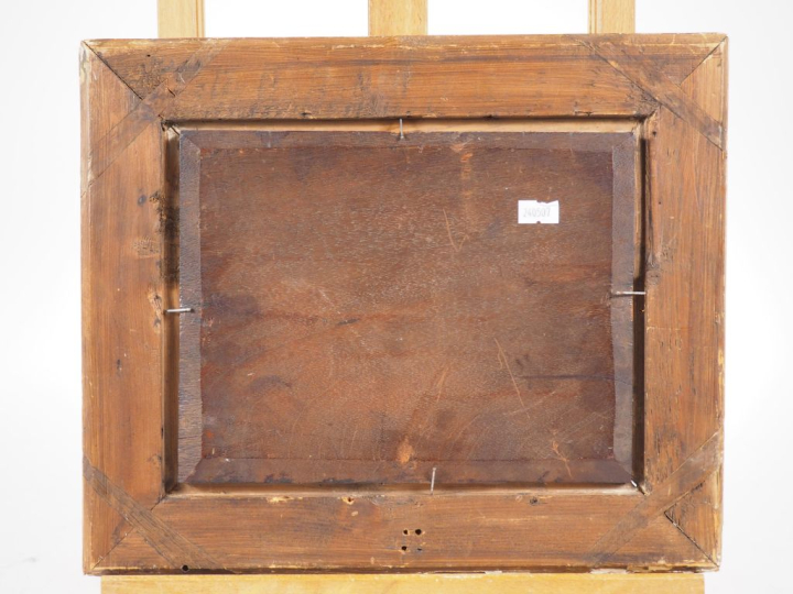 Jules DUPRE. "Paysan près du village". Huile sur panneau, signée en ba