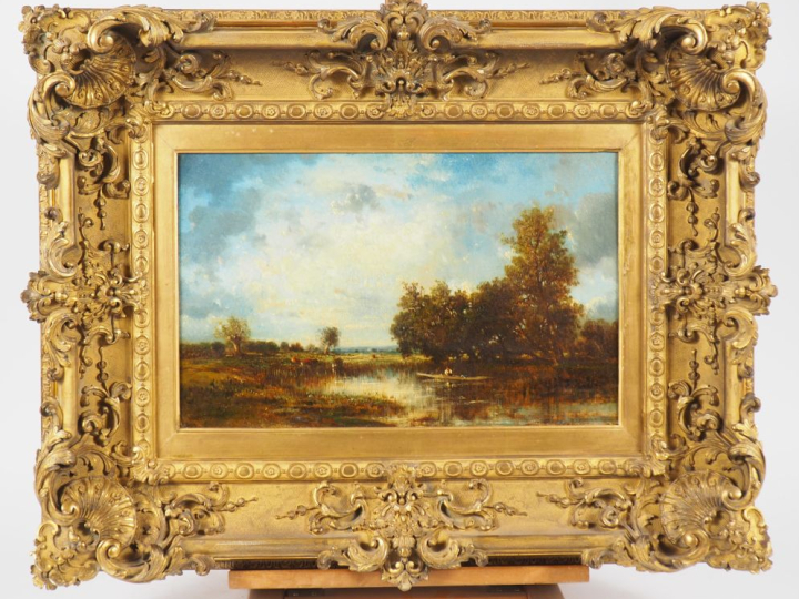 Victor DUPRE.  "paysage lacustre animé" Huile sur toile, signée en bas