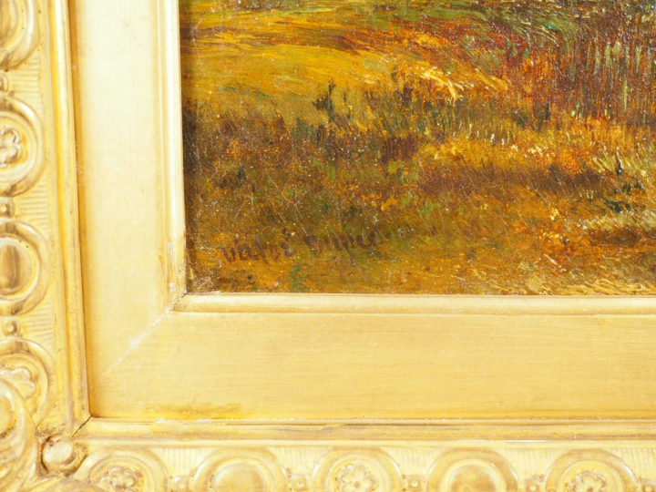 Victor DUPRE.  "paysage lacustre animé" Huile sur toile, signée en bas