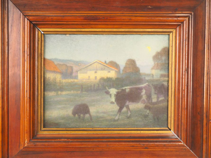 Jean ENDERS. "Animaux devant la ferme au clair de lune". Huile sur toi