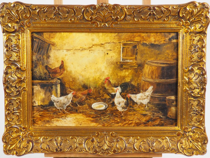 ESCUREL.  "le poulailler" Huile sur toile, signée en bas à gauche  Dim