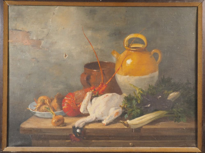 Paul GAGNEUX. "Nature morte au gibier et crustacés". Grande huile sur 