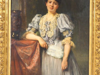 Vente aux enchères Léon GALAND.  "portrait d'apparat d'élégante à l'éventail"  Grande hui