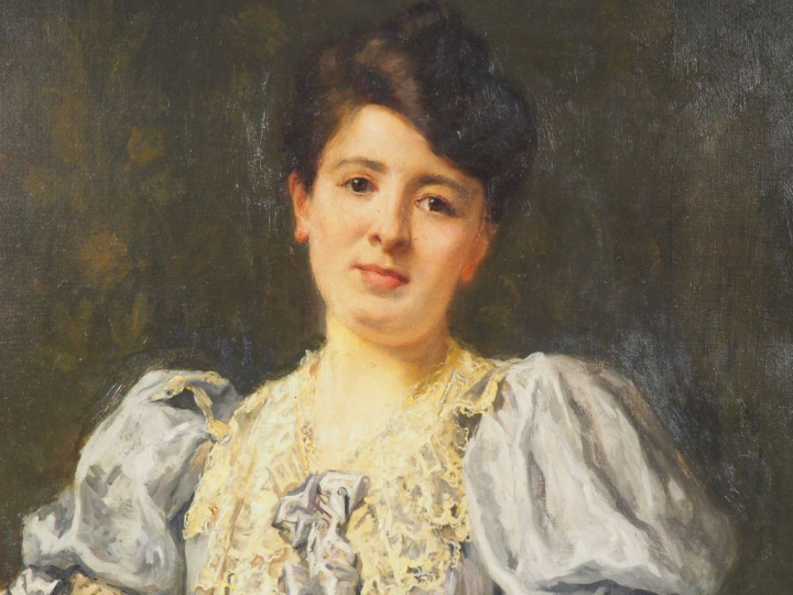 Léon GALAND.  "portrait d'apparat d'élégante à l'éventail"  Grande hui