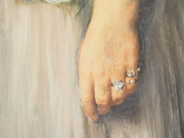 Léon GALAND.  "portrait d'apparat d'élégante à l'éventail"  Grande hui