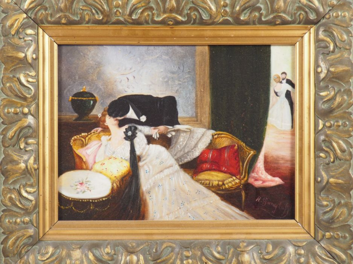 H. GANGLOFF.  "Le baiser". Paire d'huiles sur toile, l'une signée en b