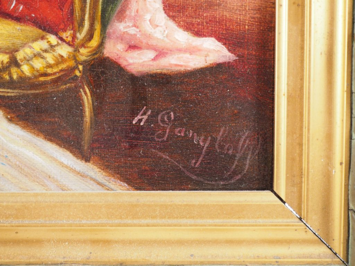 H. GANGLOFF.  "Le baiser". Paire d'huiles sur toile, l'une signée en b