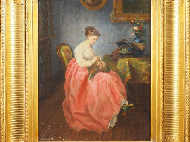 H. GROSSO.  "jeune femme à son ouvrage" Huile sur toile, signée en bas