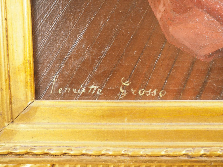 H. GROSSO.  "jeune femme à son ouvrage" Huile sur toile, signée en bas