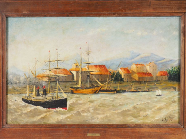 J. HERZOG.  "Marine" Huile sur toile, signée en bas à droite (petites 