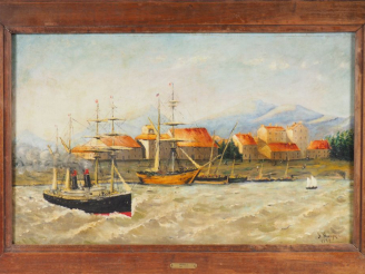 Vente aux enchères J. HERZOG.  "Marine" Huile sur toile, signée en bas à droite (petites 
