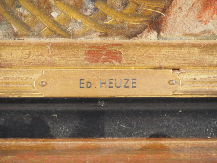 Edmond HEUZE. "Le retour des soldats". Huile sur toile. Dim. 46 x 61 c