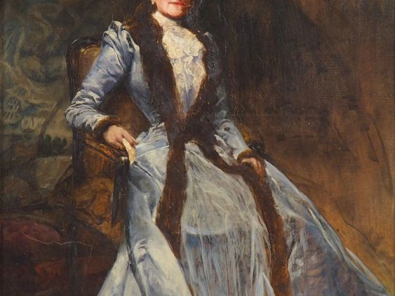 Maurice JANNIN.  "portrait d'apparat d'une élégante à la robe de soie 