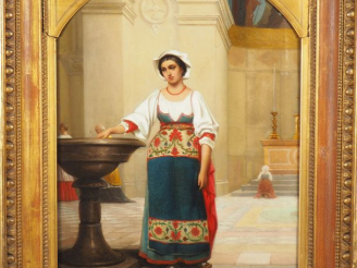 Vente aux enchères E. JOLIN.  "jeune italienne près d'un bénitier"  Huile sur toile, sign