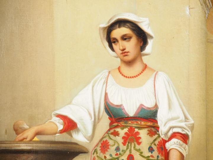 E. JOLIN.  "jeune italienne près d'un bénitier"  Huile sur toile, sign