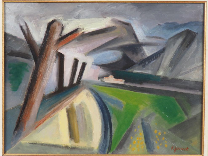 Robert JOUVE. "Paysage". Huile sur isorel, signée en bas à droite. Dim