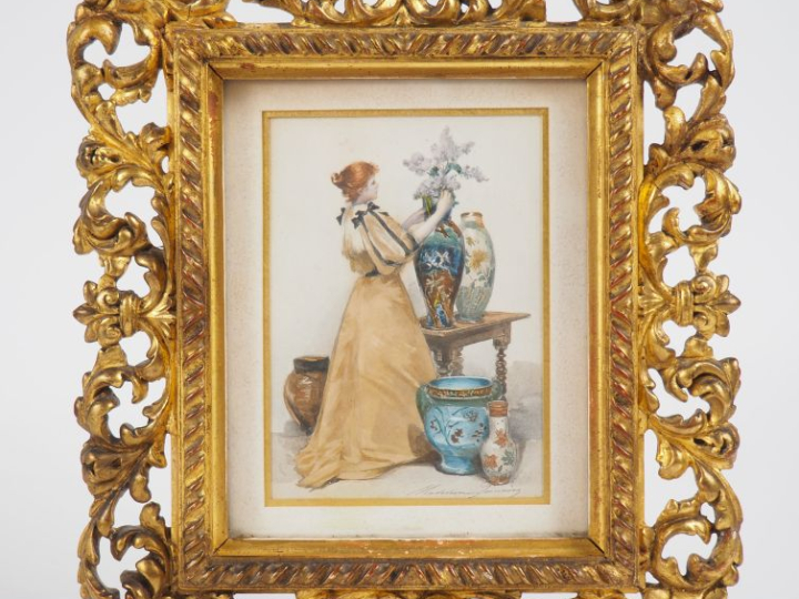 Madeleine LEMAIRE.  "jeune fille au bouquet de lilas et au vase en cér