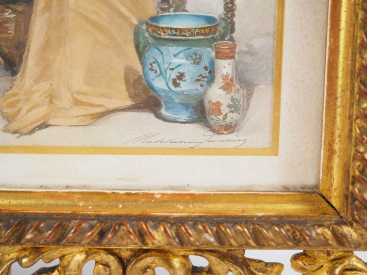 Madeleine LEMAIRE.  "jeune fille au bouquet de lilas et au vase en cér