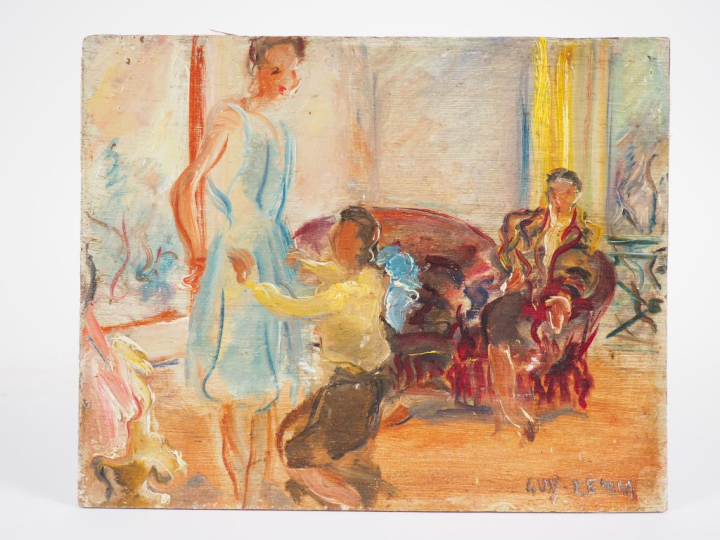 Guy LEMM. "Scène d'interieur". Huile sur panneau, signée en bas à droi
