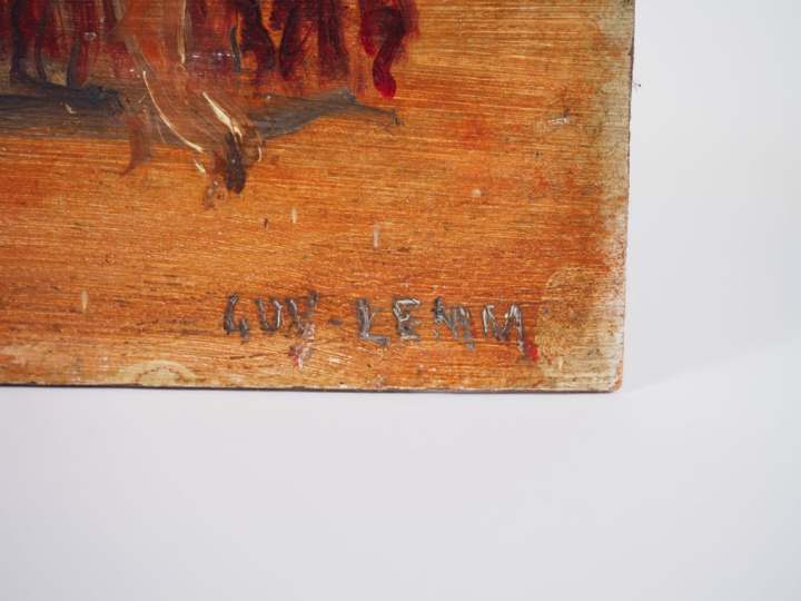 Guy LEMM. "Scène d'interieur". Huile sur panneau, signée en bas à droi