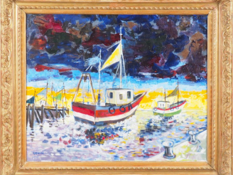 Vente aux enchères LONIN.  "Départ à l'aube" Huile sur toile, signée en bas à gauche Dim.