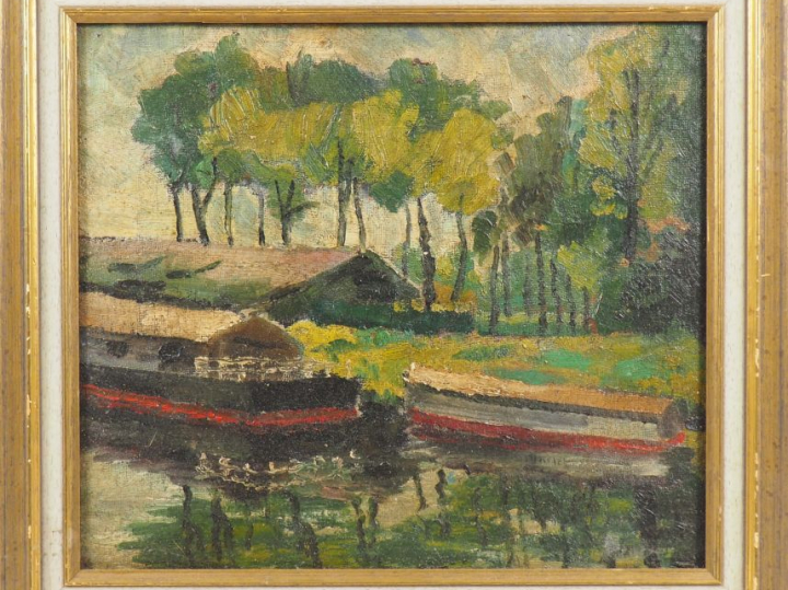 Elisée MACLET. "Péniches en bord de rivière". Huile sur carton, signée