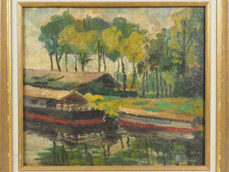 Vente aux enchères Elisée MACLET. "Péniches en bord de rivière". Huile sur carton, signée
