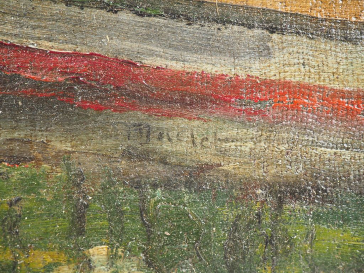 Elisée MACLET. "Péniches en bord de rivière". Huile sur carton, signée