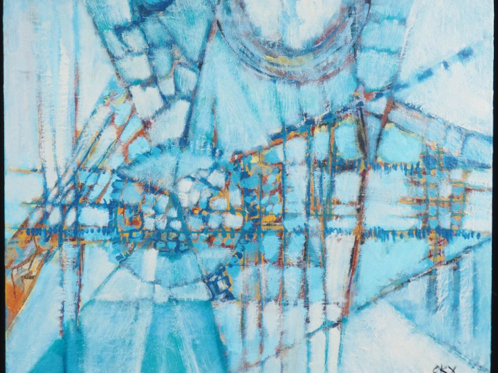 OKX.  "abstraction bleue" Huile sur toile, signée en bas à droite Dim.