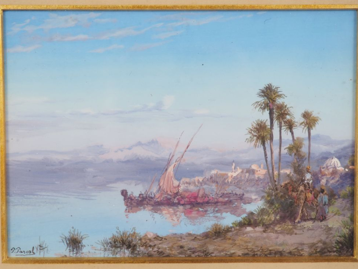 Paul PASCAL. "Paysage lacustre animé en Afrique du nord". Aquarelle, g
