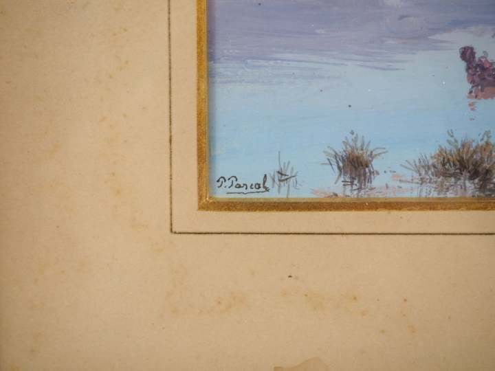 Paul PASCAL. "Paysage lacustre animé en Afrique du nord". Aquarelle, g
