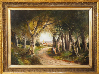 Vente aux enchères POINT. "Ramasseuse de fagot en bord de village". Grande huile sur toil