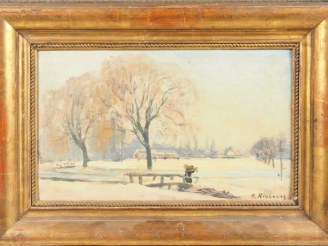 Vente aux enchères A. RIMBOURG.  "paysage d'hiver" Huile sur toile, signée en bas à droit