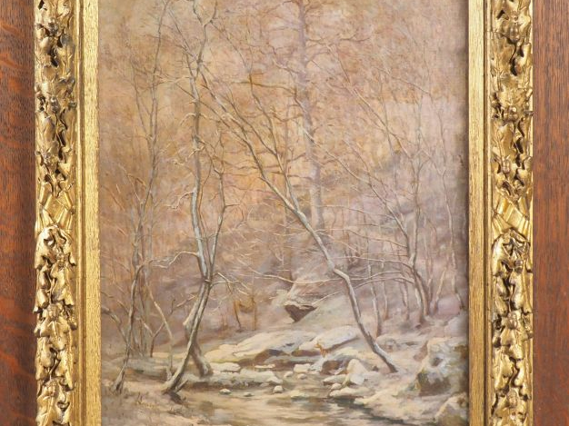 Alfred ROYER. "Paysage lacustre enneigé". Huile sur toile, signée en b