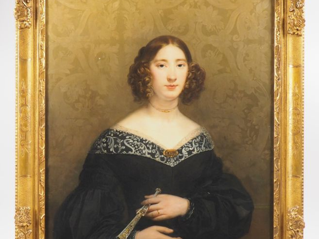 Louis Edouard RIOULT. "Portrait de jeune fille à l'éventail". Huile su