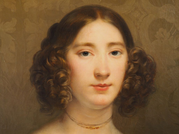 Louis Edouard RIOULT. "Portrait de jeune fille à l'éventail". Huile su