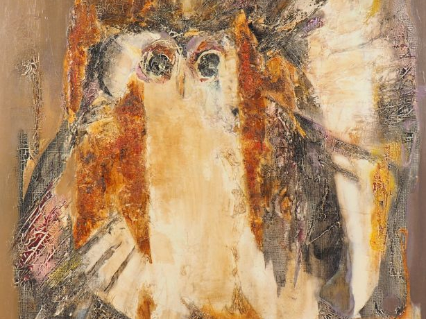 L. ROUBINET. "Les Hiboux". Huile sur toile, signée en bas à droite et 