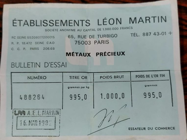Lingot d'or  Titre : 995 g  numéroté 488264 Avec son certificat   