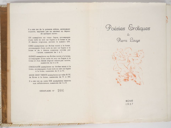 [CURIOSA]. LOUYS (P.). POÉSIES ÉROTIQUES. Rome, 1937. In-8 en ff. sous