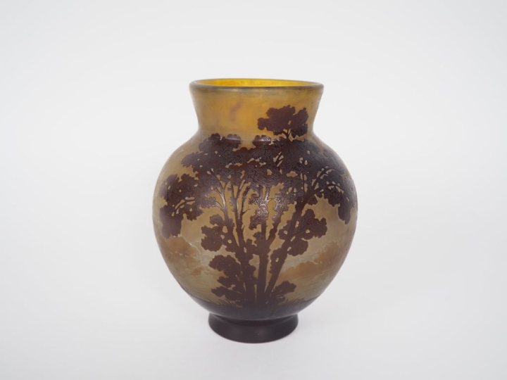 GALLE. Vase en verre gravé à décor en camée et à l'acide de paysage la