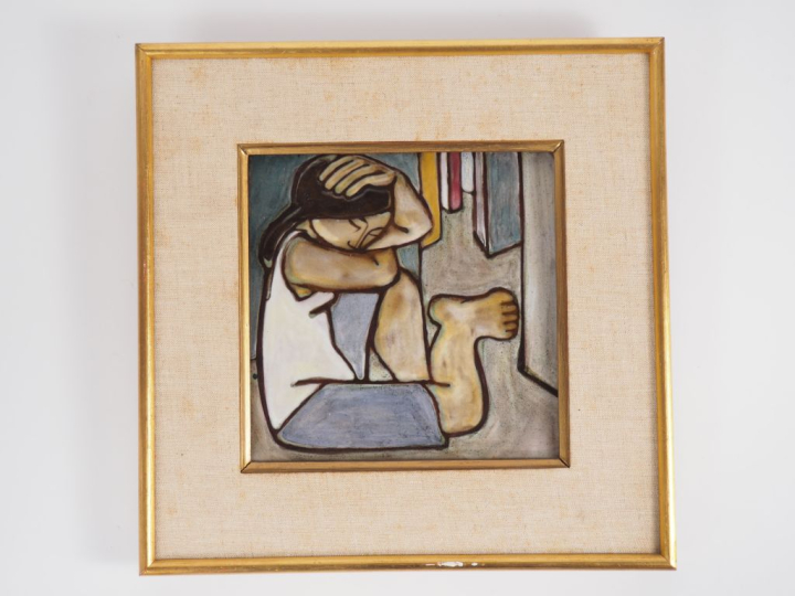 J. POUSSINES à San Vicens Carreau en céramique polychrome figurant une