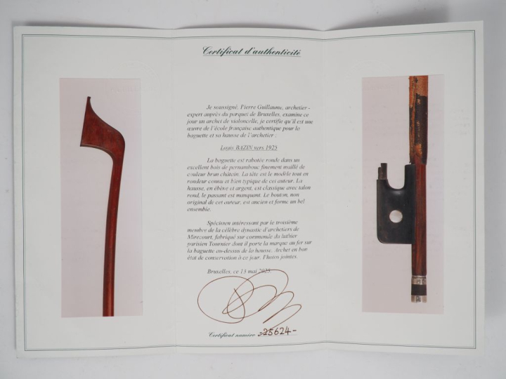 Archet de violoncelle	 fait par Louis Bazin en pernambouc monté argent