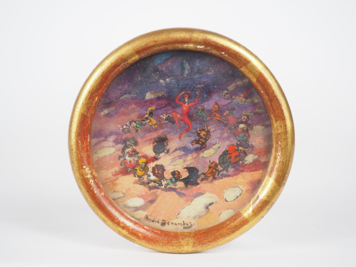 André DEVAMBEZ. "Farandole". Petite huile sur papier en tondo. Diam. 1