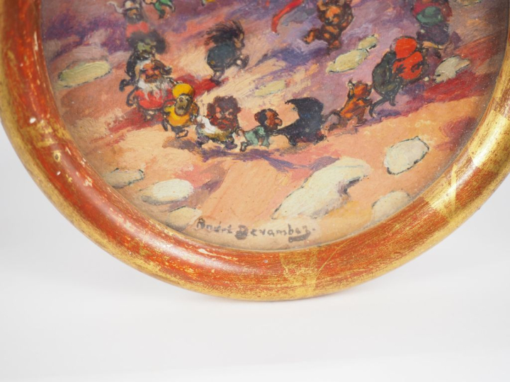 André DEVAMBEZ. "Farandole". Petite huile sur papier en tondo. Diam. 1